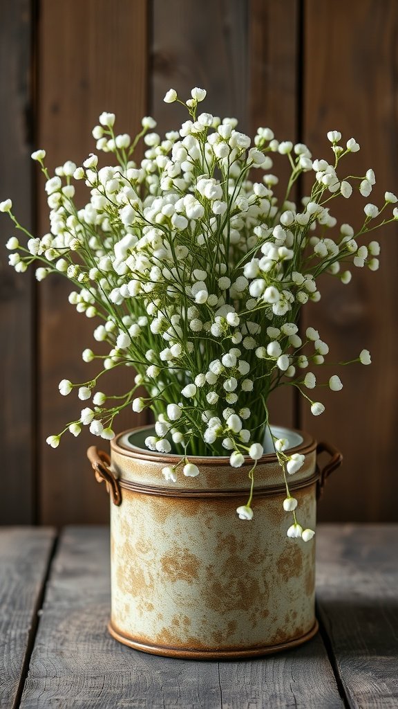 30 Stunning Baby's Breath Bouquets That Will Steal Your Heart (Wait Until You See #4!) A rustic arrangement of baby's breath flowers in a vintage pot, set against a wooden background.