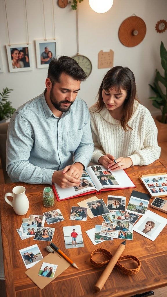 25 Cozy Indoor Date Ideas That'll Ignite the Spark (Prepare for Romance!) A couple creating a scrapbook together at a table filled with photos and crafting supplies.
