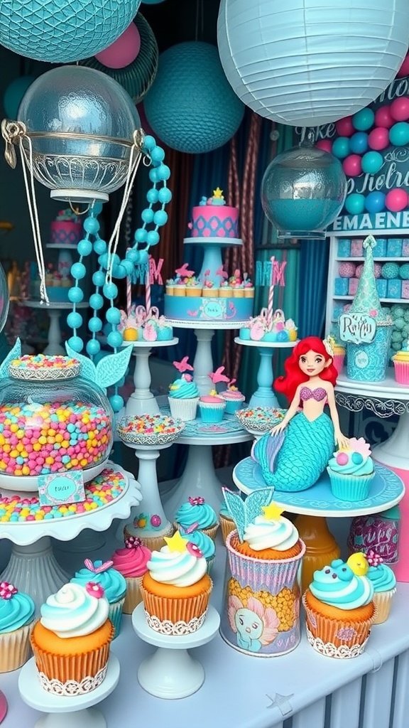 35 Magical Mermaid Party Ideas for an Under-the-Sea Celebration A colorful mermaid-themed dessert bar with cupcakes, a central cake, candy, and a mermaid figurine.