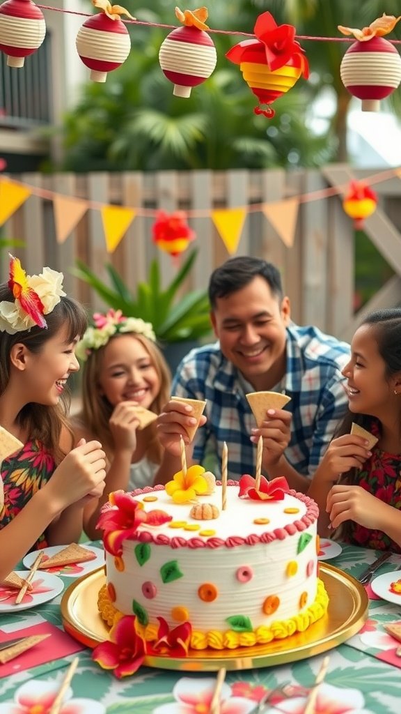 20 Delightful Luau Cake Recipes for Your Tropical Celebration Luau cake surrounded by people celebrating with tropical decorations.