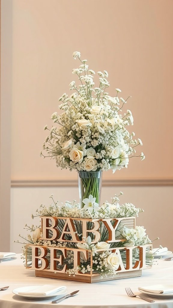 30 Beautiful Baby's Breath Centerpiece DIY Ideas A multi-tiered floral centerpiece made with baby’s breath and roses, featuring wooden letters spelling 'BABY BETAL'.