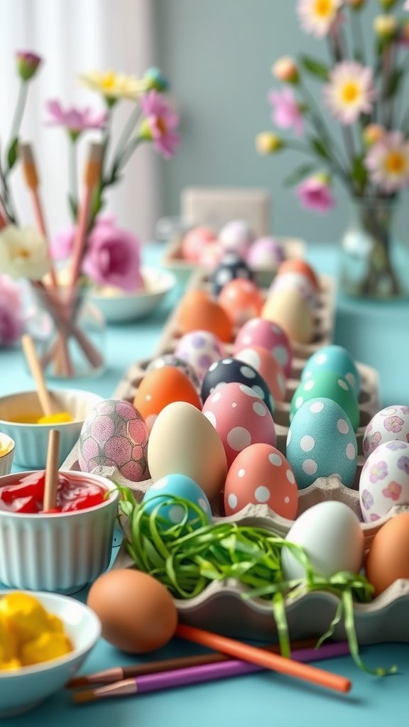 35 Charming Easter Tea Party Ideas for a Festive Celebration A colorful egg decorating station with painted eggs, paints, and flowers for an Easter tea party.