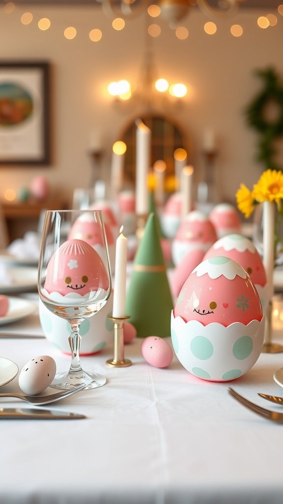 35 Easter Tablescape Ideas for a Festive Celebration A festive Easter tablescape with colorful eggs, candles, and a bright atmosphere.