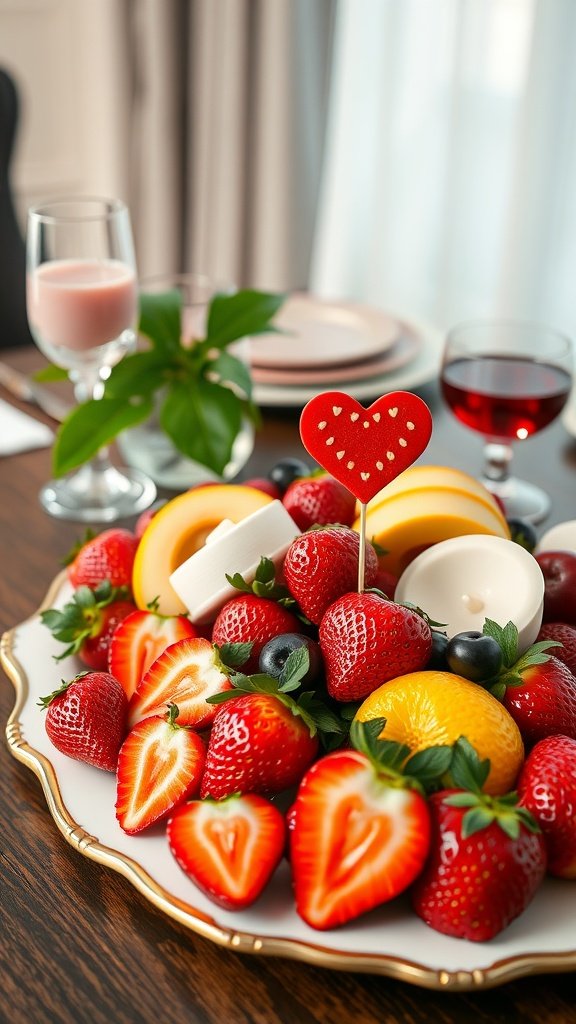 25 Stunning Valentines Table Decor Ideas That Will Make Your Dinner an Unforgettable Romance! A vibrant fruit platter with strawberries, oranges, and cheese, decorated with a heart-shaped cookie for Valentine's Day.