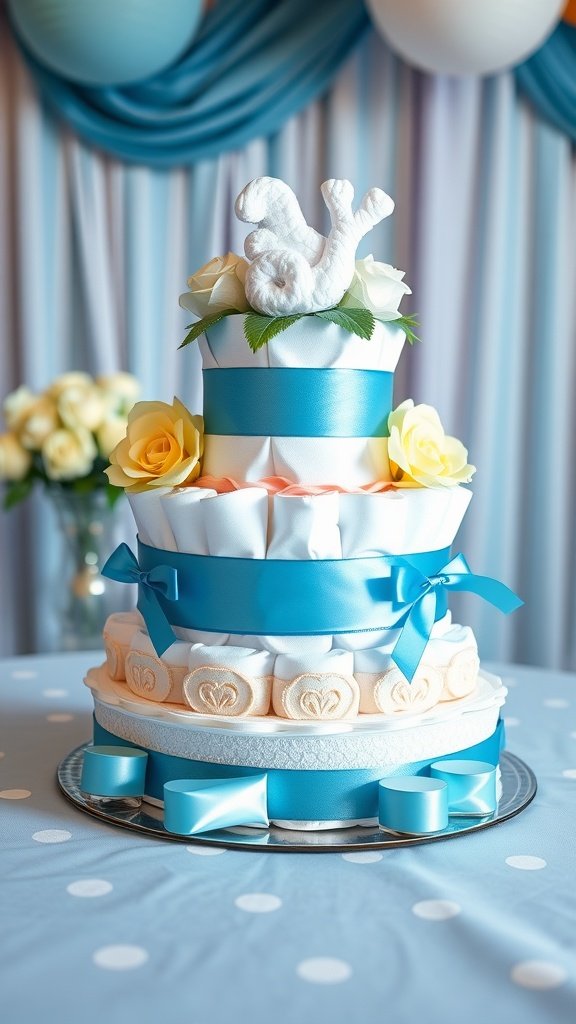 25 Creative Mini Diaper Cake Ideas for Baby Showers A decorated mini diaper cake in pastel colors with baby decorations, sitting on a table.