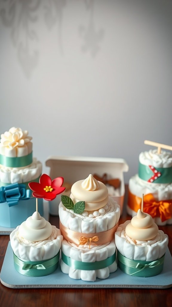 25 Creative Mini Diaper Cake Ideas for Baby Showers An assortment of mini diaper cakes decorated with ribbons and cake toppers