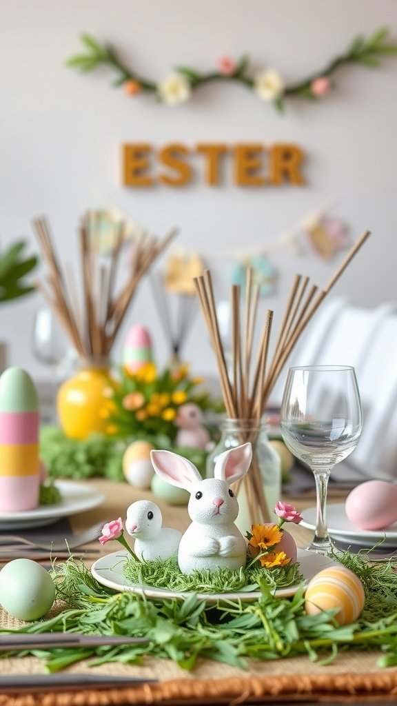 35 Easter Tablescape Ideas for a Festive Celebration A vibrant Easter tablescape featuring bunny figurines, eggs, and flowers, with a personalized banner.