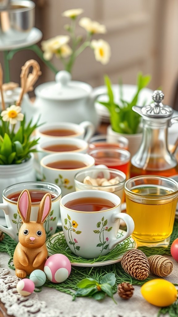 35 Charming Easter Tea Party Ideas for a Festive Celebration A festive tea setup with various teas, cups, and decorative elements for an Easter tea party.