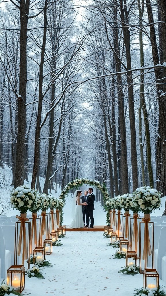 35 Enchanting Ideas for a Magical Winter Wedding A couple exchanging vows in a snowy forest setting with floral arrangements and lanterns.