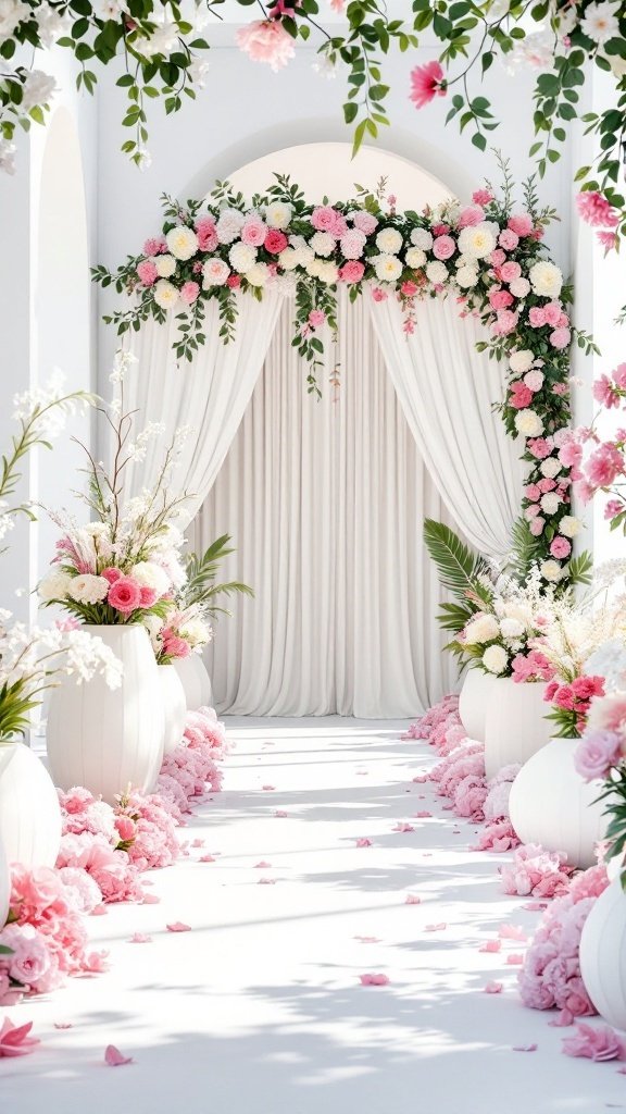 25 Beautiful Spring Wedding Color Palettes to Inspire Your Big Day A beautifully decorated wedding aisle with white drapery and bright pink floral arrangements