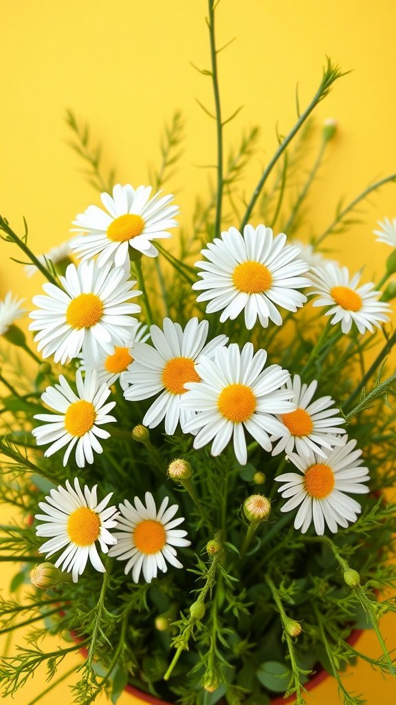 35 Enchanting Spring Wedding Flowers for Your Dream Celebration A bouquet of daisies with white petals and yellow centers against a yellow background.