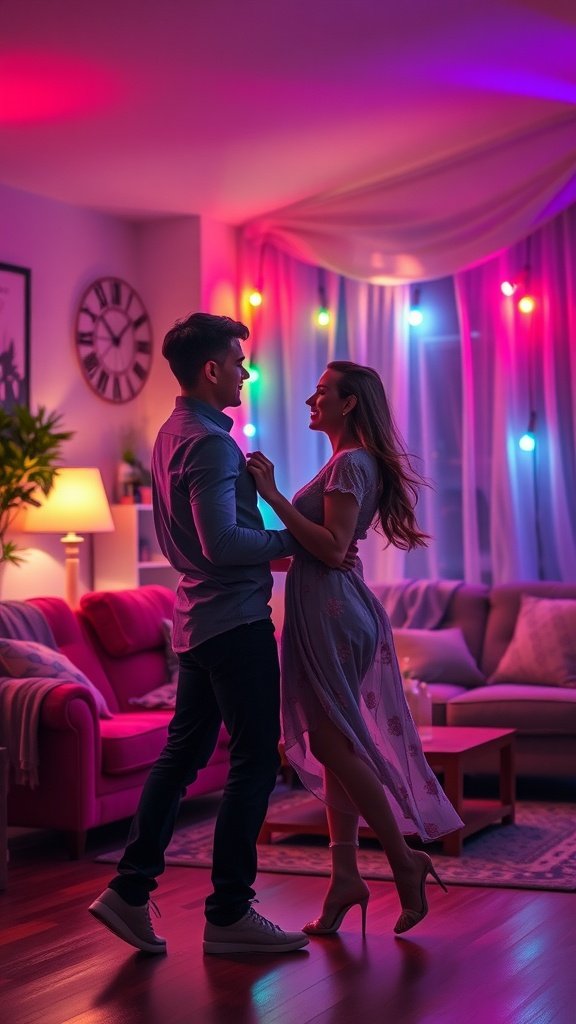 25 Cozy Indoor Date Ideas That'll Ignite the Spark (Prepare for Romance!) A couple dancing in a colorful, cozy living room with soft lighting. Indoor Date Ideas