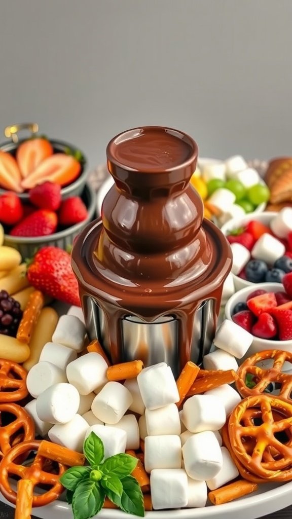 35 Stunning Grazing Table Ideas That Will Wow Your Guests (You Won't Believe #12!) A chocolate fondue fountain surrounded by fruits, pretzels, and marshmallows.