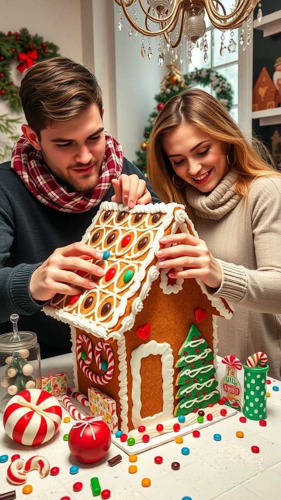 25 Cozy Winter Date Ideas That'll Melt Your Heart (You Won't Believe #5!) A couple decorating a gingerbread house together, surrounded by candy and festive decorations.