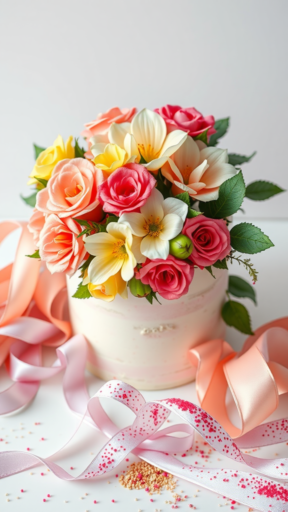 15 Stunning Cake Bouquet Flower Ideas for Your Next Celebration A vibrant cake arranged to look like a bouquet of flowers, adorned with ribbons and sprinkles.