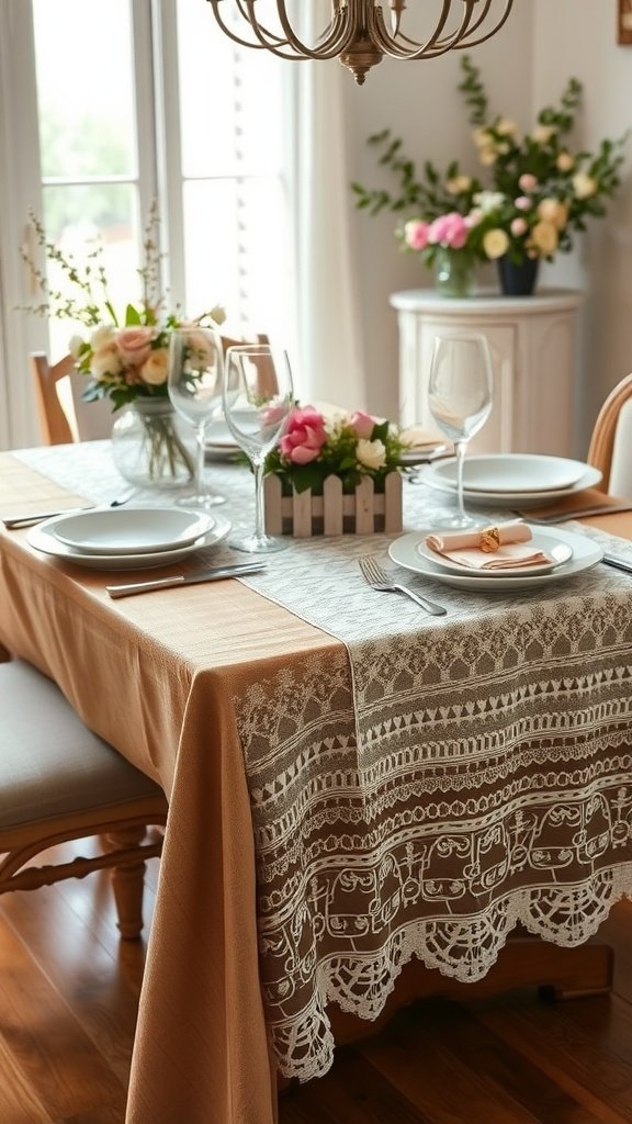 35 Easter Tablescape Ideas for a Festive Celebration A beautifully set table with a delicate lace runner, floral centerpiece, and elegant tableware.