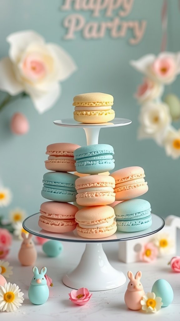 35 Charming Easter Tea Party Ideas for a Festive Celebration A tiered stand with pastel-colored macarons, surrounded by decorative flowers and Easter-themed items.