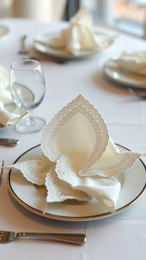 25 Stunning Valentines Table Decor Ideas That Will Make Your Dinner an Unforgettable Romance! Elegant white napkins with lace trim folded on a plate, part of a romantic table setting.