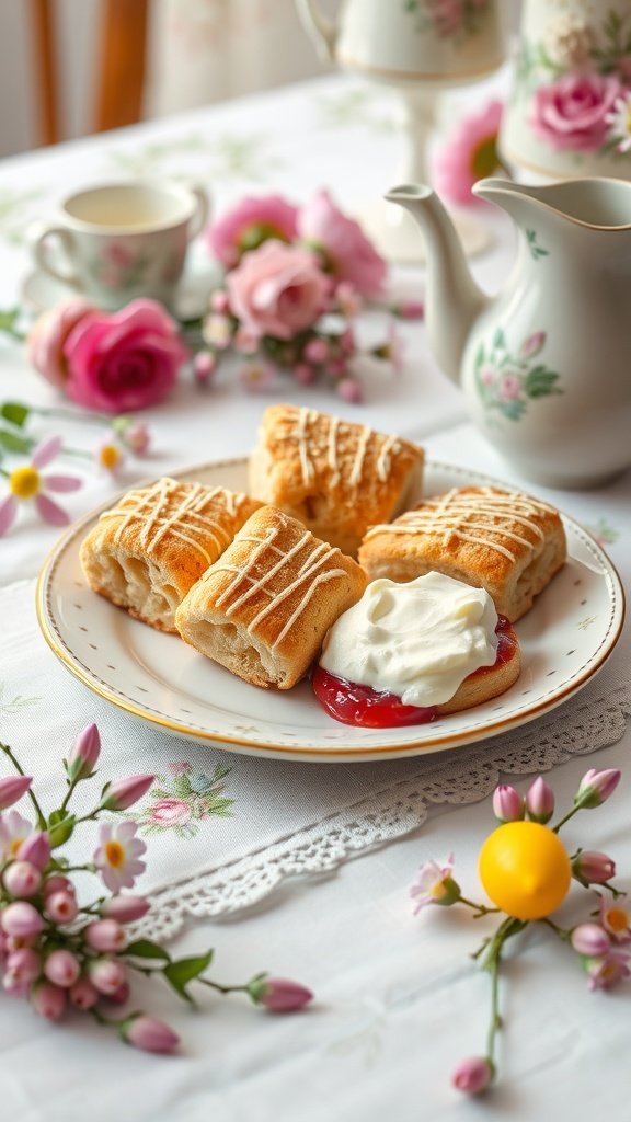 35 Charming Easter Tea Party Ideas for a Festive Celebration Delicate scones with clotted cream and jam, served on a decorative plate.