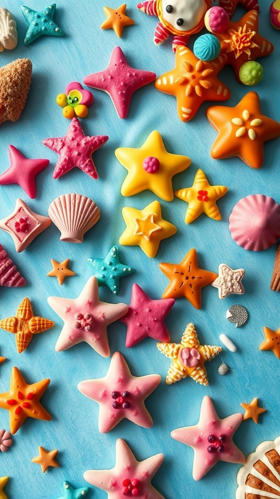35 Magical Mermaid Party Ideas for an Under-the-Sea Celebration Colorful assortment of mermaid-themed snacks including starfish and seashell shapes.