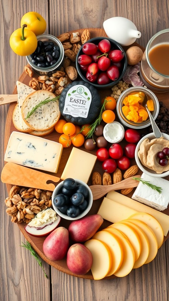 35 Charming Easter Tea Party Ideas for a Festive Celebration A beautifully arranged cheese and charcuterie board featuring various cheeses, fruits, nuts, and spreads.