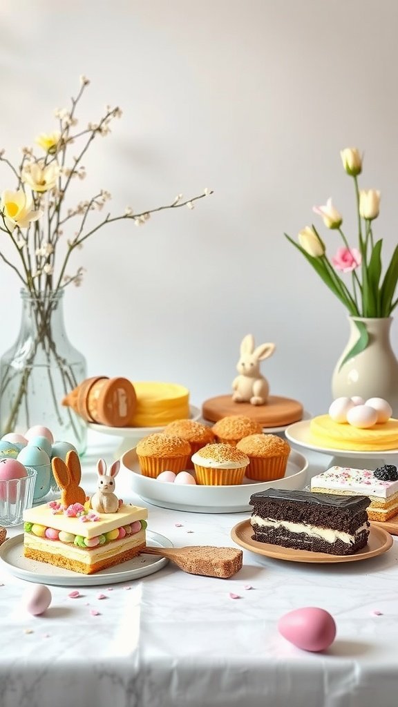 35 Easter Tablescape Ideas for a Festive Celebration A vibrant dessert display featuring a decorated cake, cupcakes, and colorful Easter eggs.