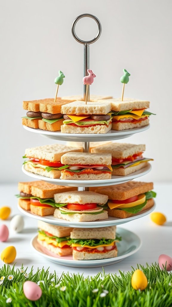 35 Charming Easter Tea Party Ideas for a Festive Celebration A tiered stand filled with colorful miniature sandwiches, decorated with cute picks and surrounded by Easter eggs.