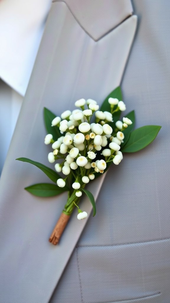 30 Stunning Baby's Breath Bouquets That Will Steal Your Heart (Wait Until You See #4!) A beautiful baby's breath boutonniere pinned to a gray suit, showcasing delicate white flowers and green leaves.