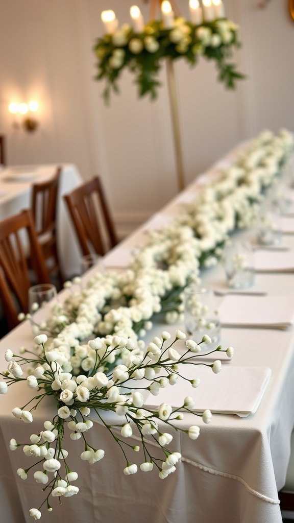30 Beautiful Baby's Breath Centerpiece DIY Ideas A long table decorated with a baby’s breath garland, featuring delicate white flowers arranged elegantly.