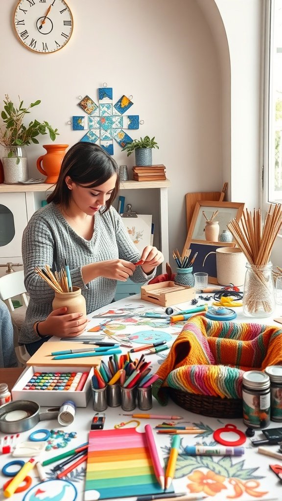 25 Cozy Indoor Date Ideas That'll Ignite the Spark (Prepare for Romance!) A cozy indoor craft setup with colorful supplies and a person crafting. Indoor Date Ideas