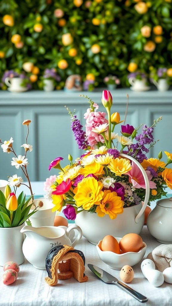 35 Charming Easter Tea Party Ideas for a Festive Celebration A colorful floral arrangement with yellow, pink, and purple flowers in a white vase, surrounded by Easter-themed decorations.
