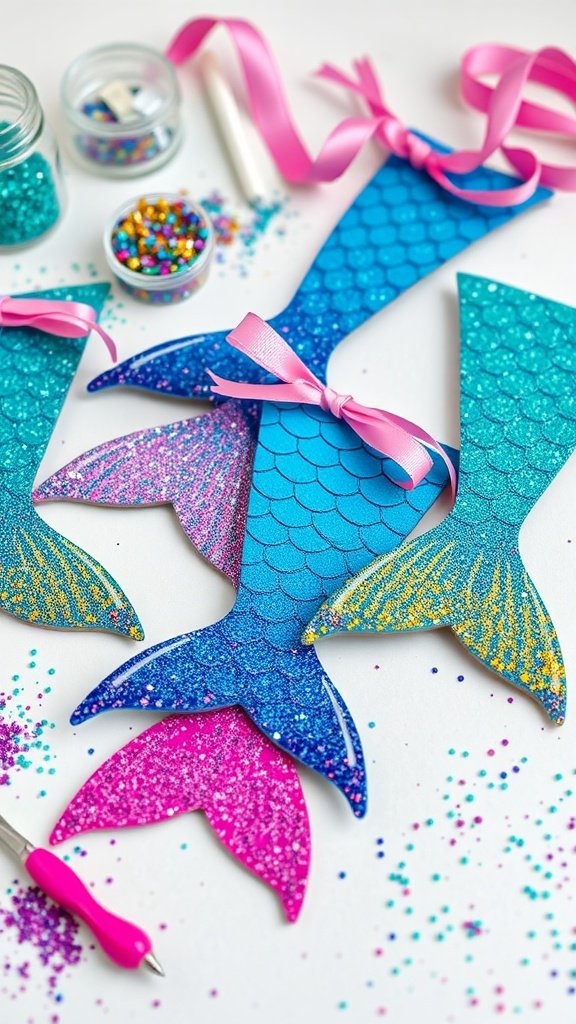 35 Magical Mermaid Party Ideas for an Under-the-Sea Celebration Colorful DIY mermaid tails made of glitter paper with pink ribbons and craft supplies