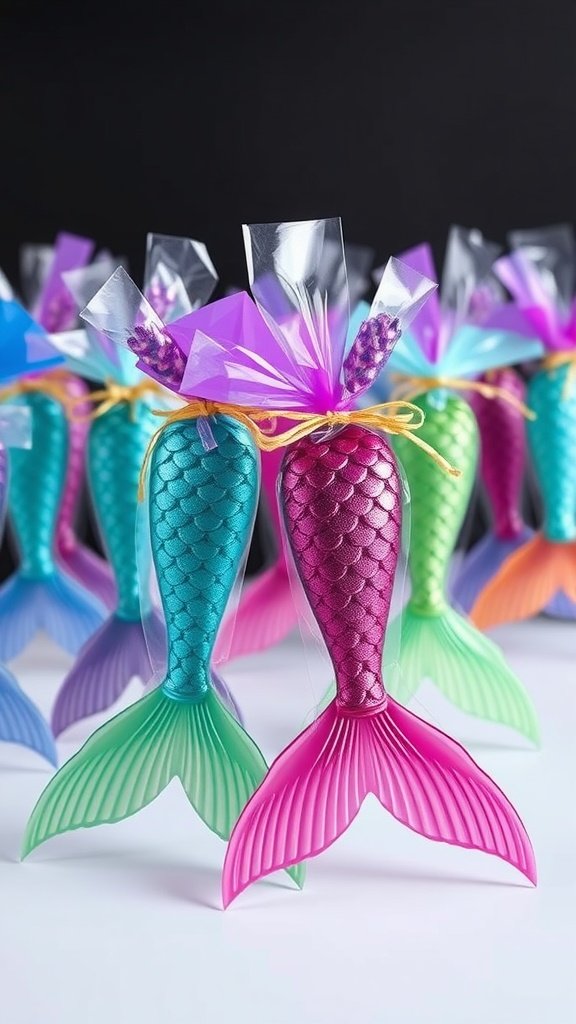 25 Enchanting Ideas for the Ultimate Mermaid-Themed Kids Party Colorful mermaid tail party favors wrapped in clear plastic and tied with ribbons.