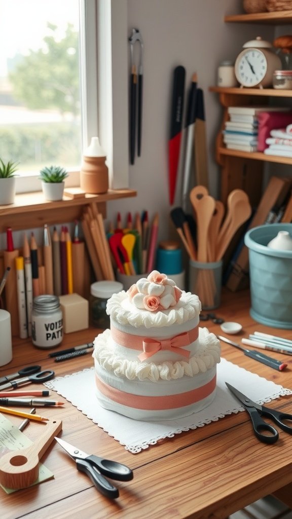 25 Creative Mini Diaper Cake Ideas for Baby Showers A beautifully crafted mini diaper cake on a wooden table surrounded by crafting tools and supplies.