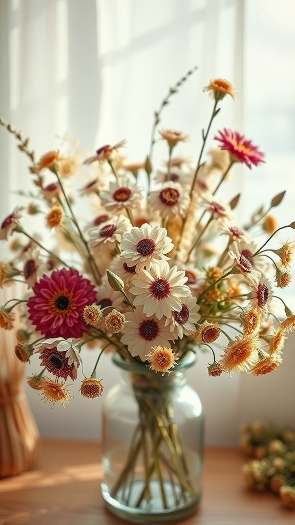35 Stunning Fall Wedding Flowers That Will Make Your Guests Swoon! A beautiful arrangement of dried flowers in a glass vase, featuring pink and white petals, creating a vintage charm.