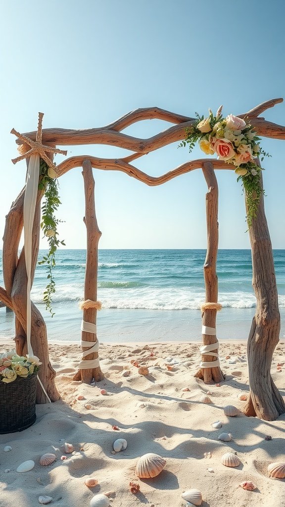 25 Unique Rustic Wedding Arch Ideas to Make Your Ceremony Unforgettable (Trust Us, #3 Is a Show-Stopper!) A driftwood wedding arch on a beach, decorated with flowers and ribbons, overlooking the ocean.