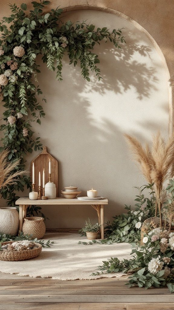 25 Beautiful Spring Wedding Color Palettes to Inspire Your Big Day A cozy wedding setup with earthy neutrals and greenery, featuring a wooden table, candles, and floral arrangements.