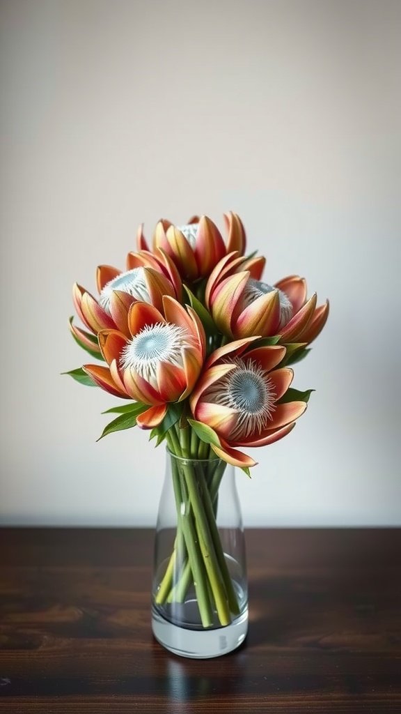 35 Stunning Fall Wedding Flowers That Will Make Your Guests Swoon! A bouquet of proteas in earthy tones, featuring rich reds and soft oranges, in a clear vase.