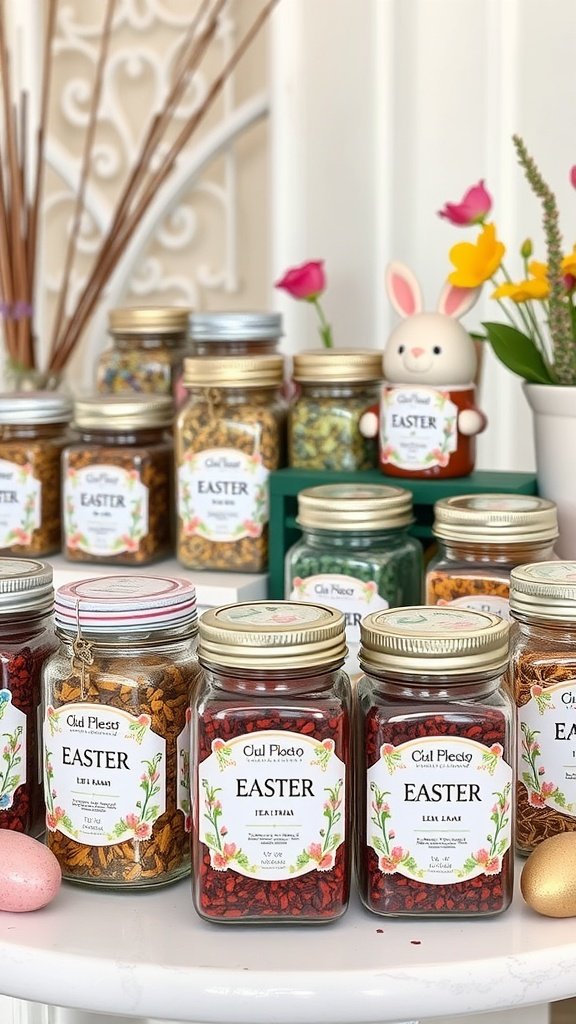 35 Charming Easter Tea Party Ideas for a Festive Celebration An assortment of colorful tea jars labeled 'Easter' displayed with flowers and decorative items for a tea party.
