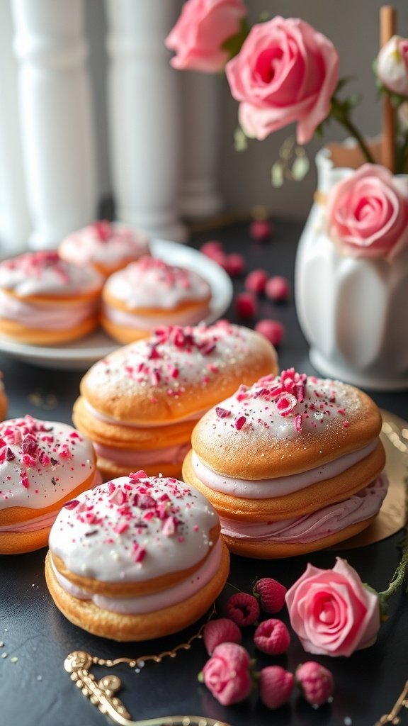 35 Irresistible Valentine’s Day Food Ideas to Celebrate Your Love Eclairs filled with rose cream decorated with edible rose petals and pink sprinkles.