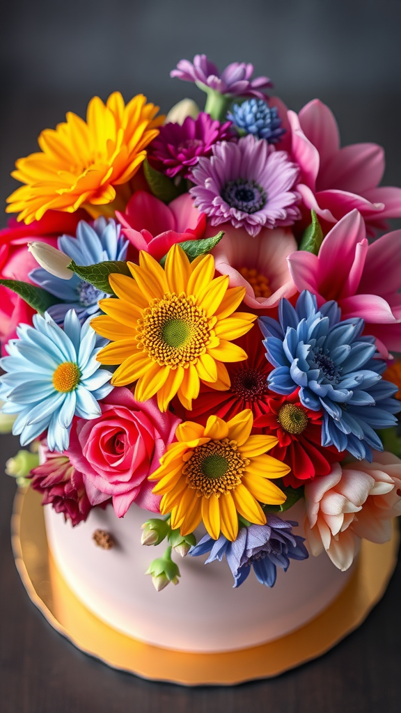 15 Stunning Cake Bouquet Flower Ideas for Your Next Celebration A beautifully decorated cake with colorful edible flowers arranged like a bouquet.