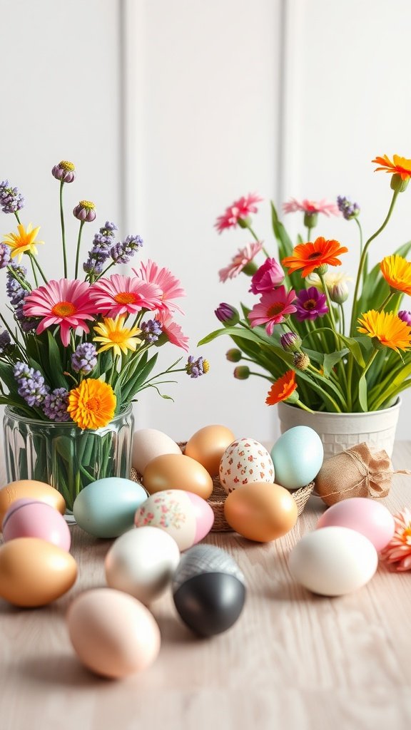 35 Easter Tablescape Ideas for a Festive Celebration Decorated Easter eggs and colorful flowers on a table