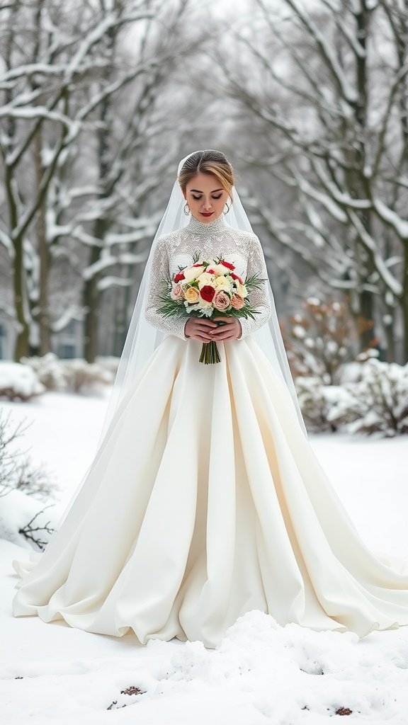 35 Enchanting Ideas for a Magical Winter Wedding Bride wearing a long white dress with lace and a veil, holding a bouquet in a snowy landscape