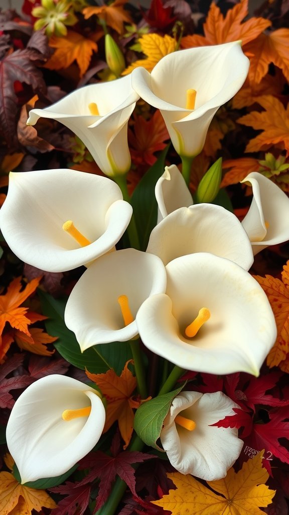 35 Stunning Fall Wedding Flowers That Will Make Your Guests Swoon! An arrangement of white calla lilies surrounded by colorful fall leaves.