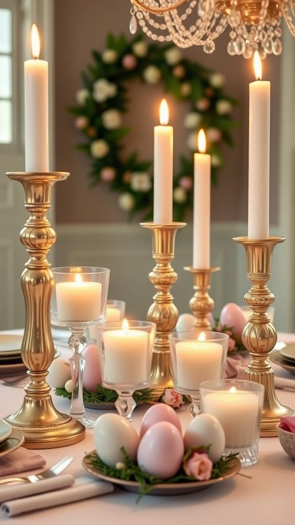 35 Easter Tablescape Ideas for a Festive Celebration Elegant Easter tablescape featuring golden candlesticks, votives, and decorative eggs.