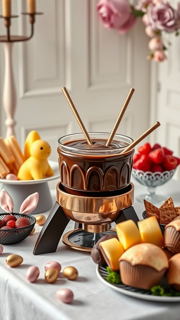 35 Charming Easter Tea Party Ideas for a Festive Celebration A charming chocolate fondue station featuring a pot of melted chocolate surrounded by fresh fruits, cookies, and decorative Easter treats.