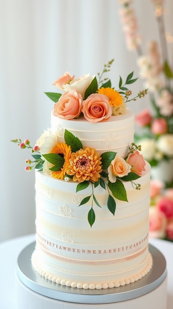35 Stunning Fall Wedding Flowers That Will Make Your Guests Swoon! A beautifully decorated wedding cake with floral toppers including roses and marigolds