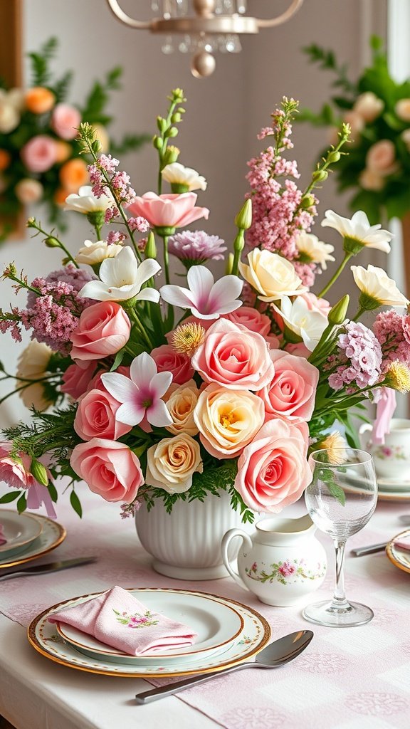 35 Charming Easter Tea Party Ideas for a Festive Celebration A floral centerpiece featuring pink roses, white lilies, and other colorful flowers, arranged in a white vase on a beautifully set table.
