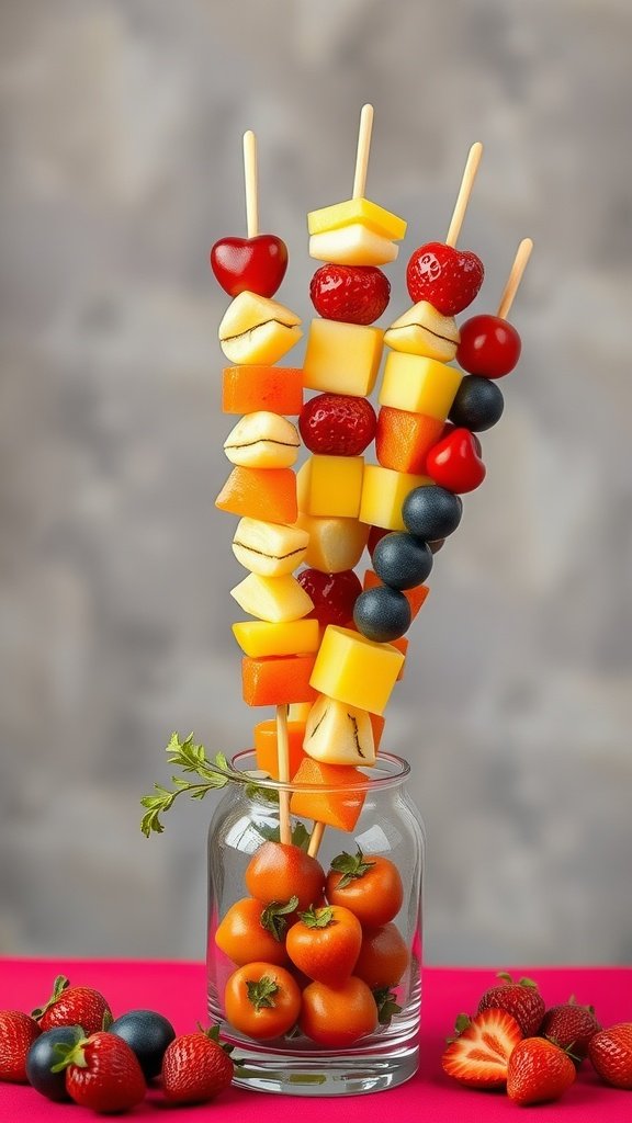 35 Stunning Grazing Table Ideas That Will Wow Your Guests (You Won't Believe #12!) Colorful fruit skewers featuring strawberries, blueberries, and melons arranged in a jar with some strawberries beside it.