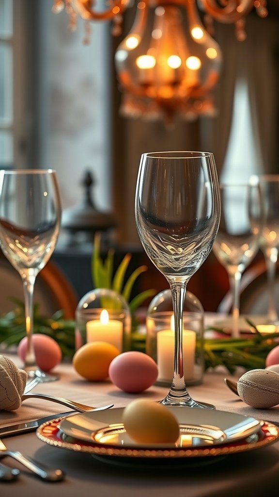 35 Easter Tablescape Ideas for a Festive Celebration A beautifully set table featuring elegant glassware, candles, and colorful Easter eggs.
